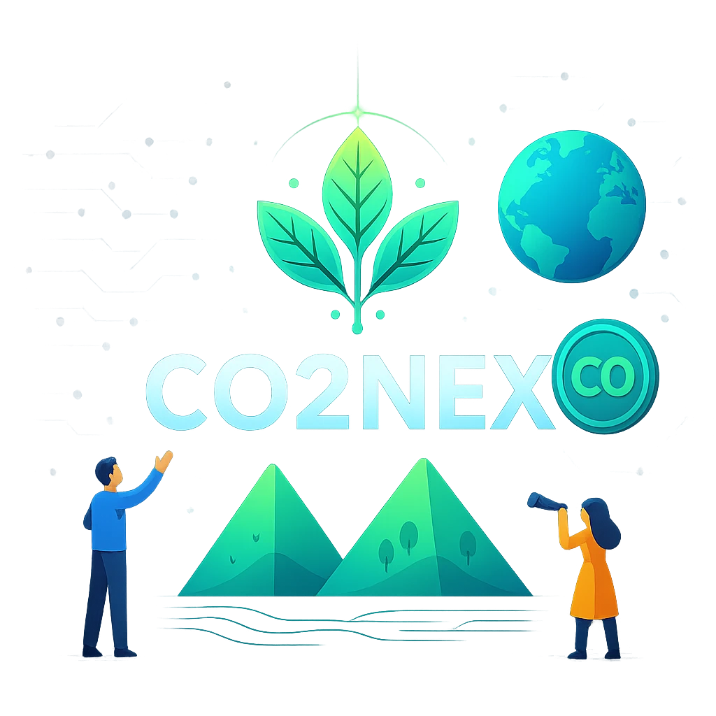 A vibrant, futuristic digital illustration representing CO2NEX—a Web 3.0-driven carbon credit platform for landowners. The image features dynamic gradients, interconnected nodes, and symbolic CO2 coins orbiting around eco-conscious characters and natural landscapes. The composition fuses clean tech aesthetics with environmental stewardship, showcasing innovation, decentralization, and sustainable impact. Transparent PNG format makes it seamlessly adaptable across digital platforms.