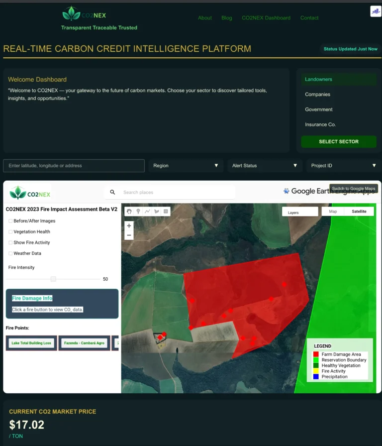 Illustration showing the CO2NEX real-time carbon credit verification system in action with live wildfire alerts and insurance payout automation.