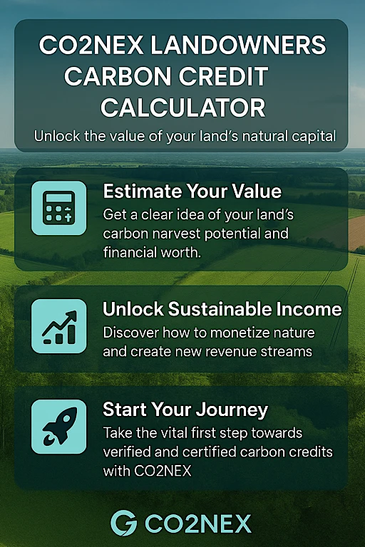 CO2NEX Launches Free Landowners Carbon Credit Calculator 2 This visually powerful infographic breaks down how the CO2NEX Carbon Credit Calculator empowers landowners to estimate their carbon value, understand key environmental metrics, and unlock new income streams through verified carbon credits. From forest management to regenerative agriculture, it’s a step-by-step visual journey into CO2NEX’s beta tool designed for transparency, simplicity, and climate impact.